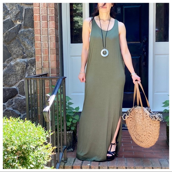 OLIVE GREEN SIDE SLITS TANK MAXI DRESS - Picture 2 of 15